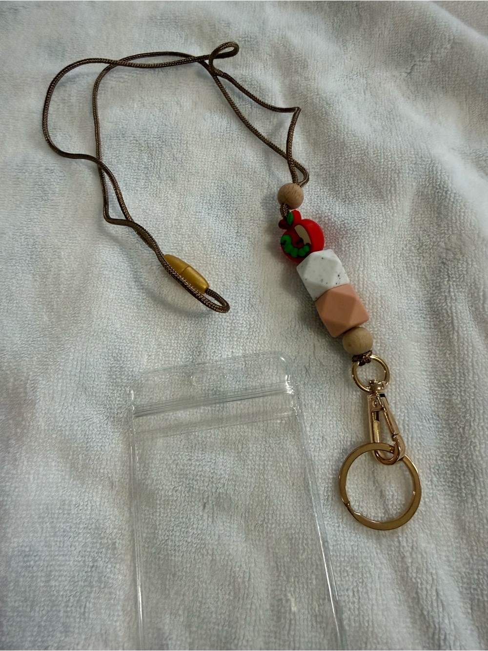 Beaded Silicone Lanyard Keychain with Gold Hardware - Brown/Peach/White